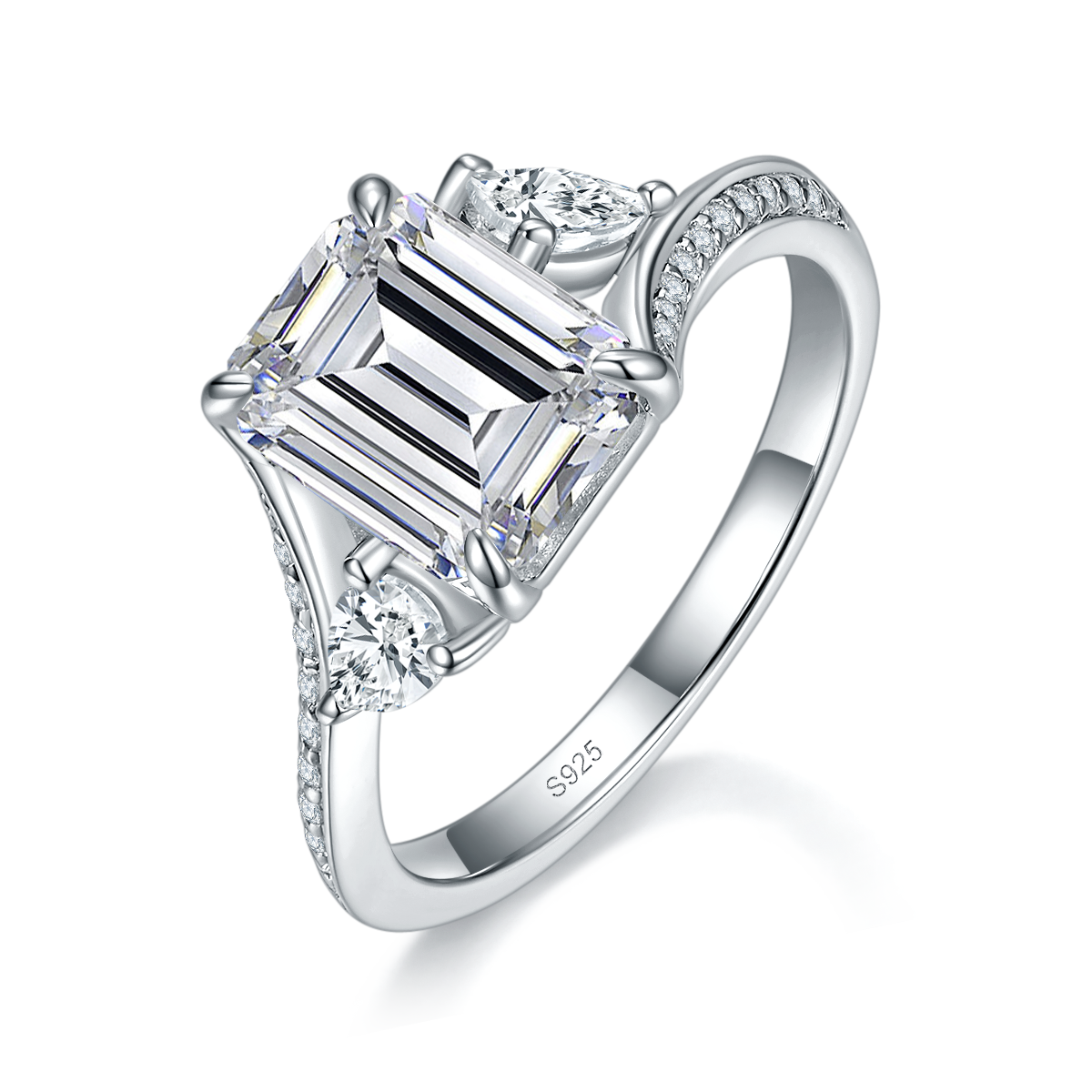 扭臂方钻女戒S925银镀白金定制选款主石莫桑钻3.0ct/副石高碳钻