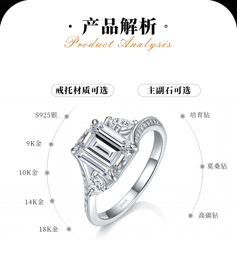 扭臂方钻女戒S925银镀白金定制选款主石莫桑钻3.0ct/副石高碳钻 - 2