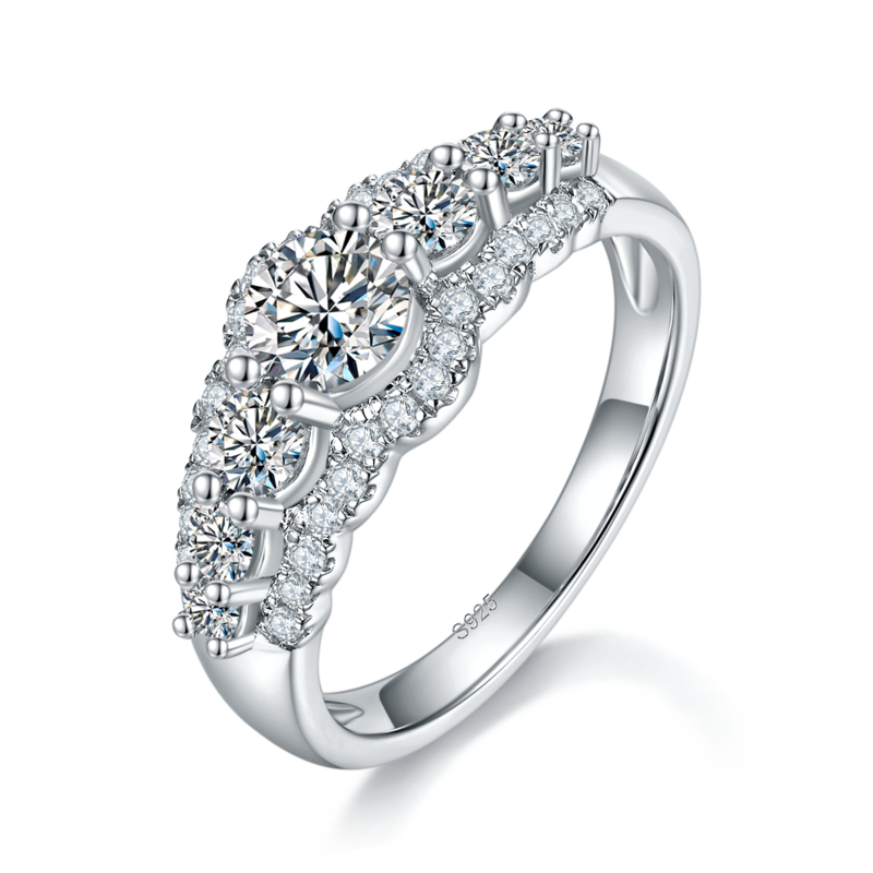 微镶七石Women's RingS925银镀白金定制选款主石Moissanite0.5ct/副石高碳钻