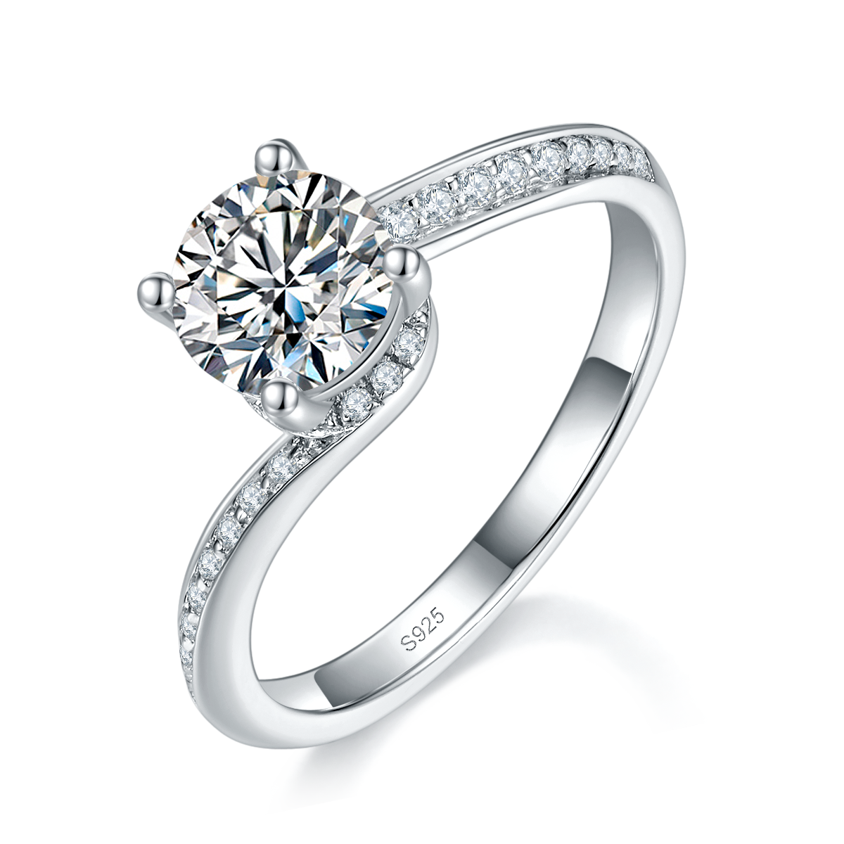 扭臂四爪女戒S925银镀白金定制选款主石莫桑钻1.0ct/副石高碳钻