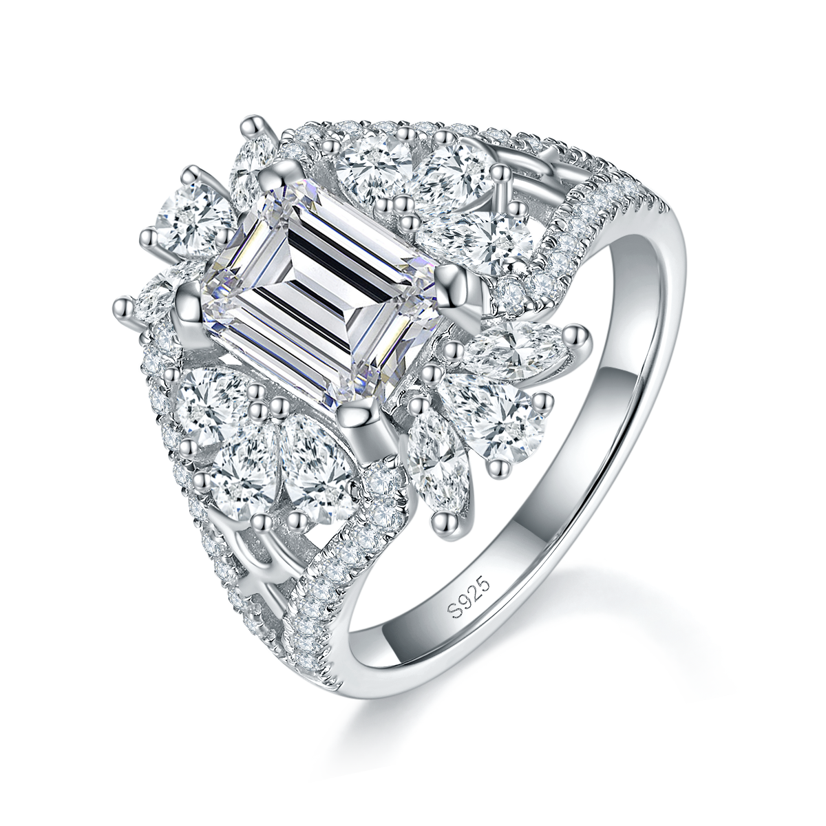 Full Diamond Hollow Square Diamond Women's Ring S925 Silver Plated Platinum Customized Selection Main Stone Moissanite 2.0ct/Side Stone Cubic Zirconia