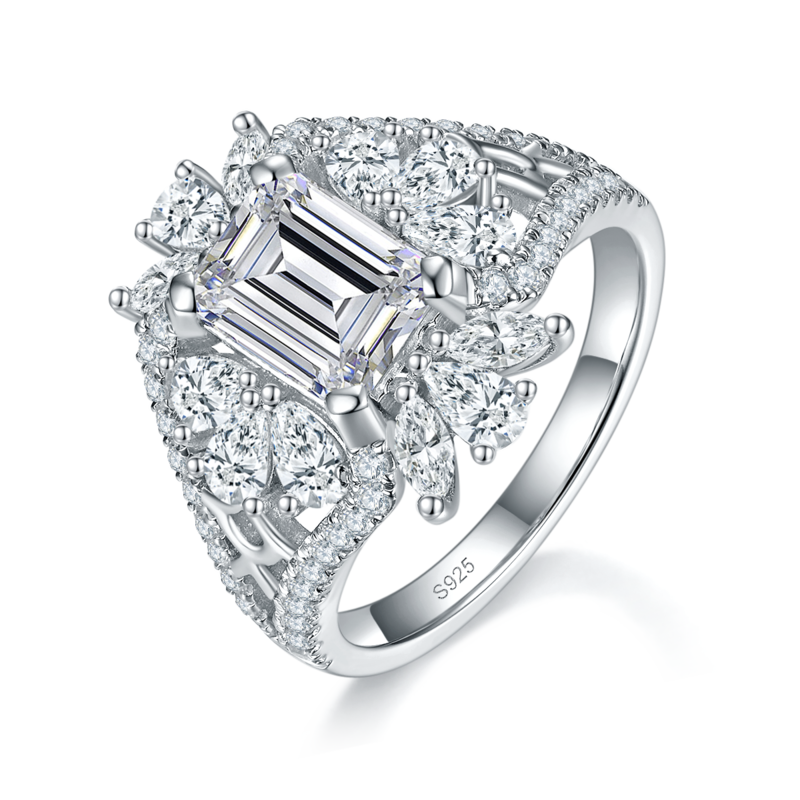 满钻镂空方钻Women's RingS925银镀白金定制选款主石Moissanite2.0ct/副石高碳钻