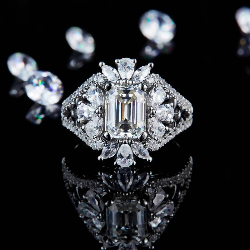 满钻镂空方钻Women's RingS925银镀白金定制选款主石Moissanite2.0ct/副石高碳钻