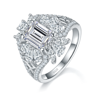 满钻镂空方钻女戒S925银镀白金定制选款主石莫桑钻2.0ct/副石高碳钻