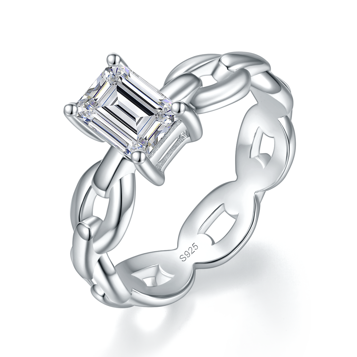 链条小方糖女戒S925银镀白金定制选款主石莫桑钻1.0ct/副石高碳钻