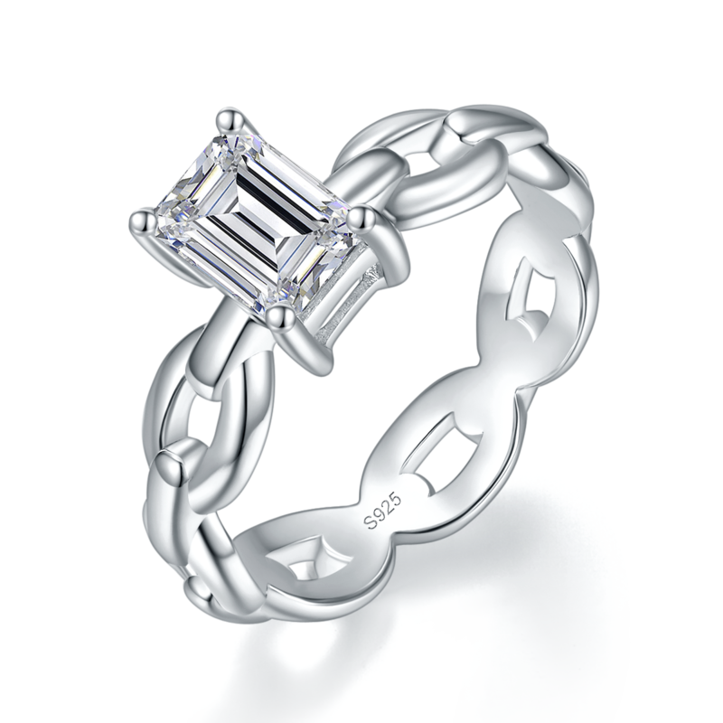链条小方糖女戒S925银镀白金定制选款主石莫桑钻1.0ct/副石高碳钻