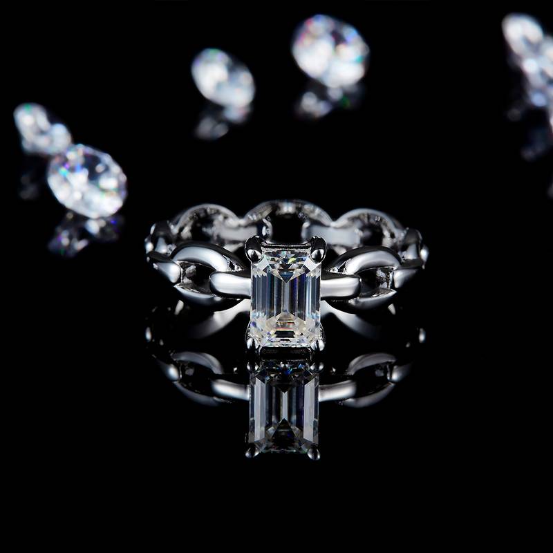 链条小方糖女戒S925银镀白金定制选款主石莫桑钻1.0ct/副石高碳钻