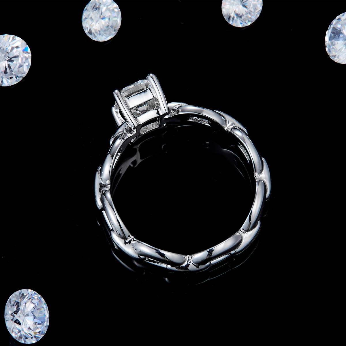 链条小方糖女戒S925银镀白金定制选款主石莫桑钻1.0ct/副石高碳钻