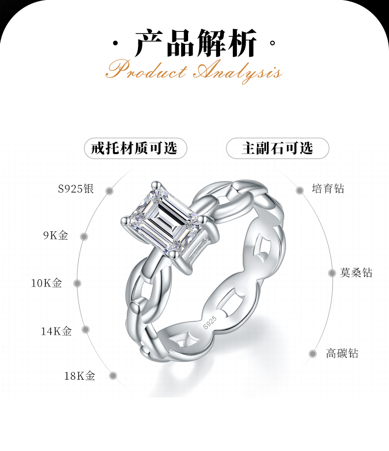 链条小方糖女戒S925银镀白金定制选款主石莫桑钻1.0ct/副石高碳钻 - 2