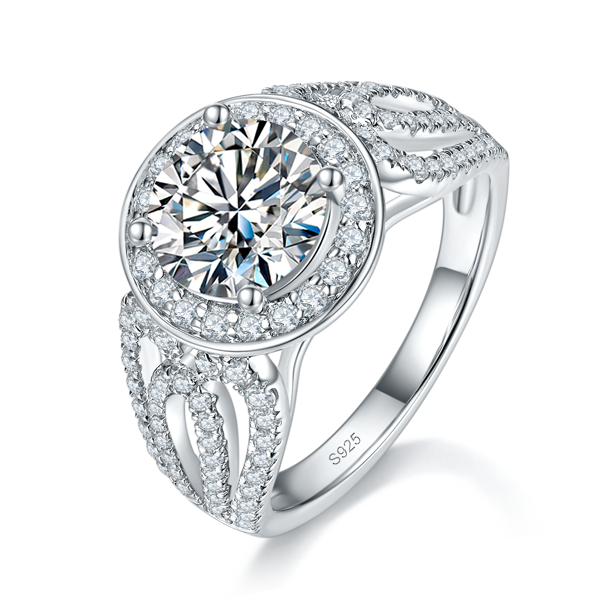 Sparkling Exaggerated Women's Ring S925 Silver Plated Platinum Customized Selection Main Stone Moissanite 2.0ct/Side Stone Cubic Zirconia