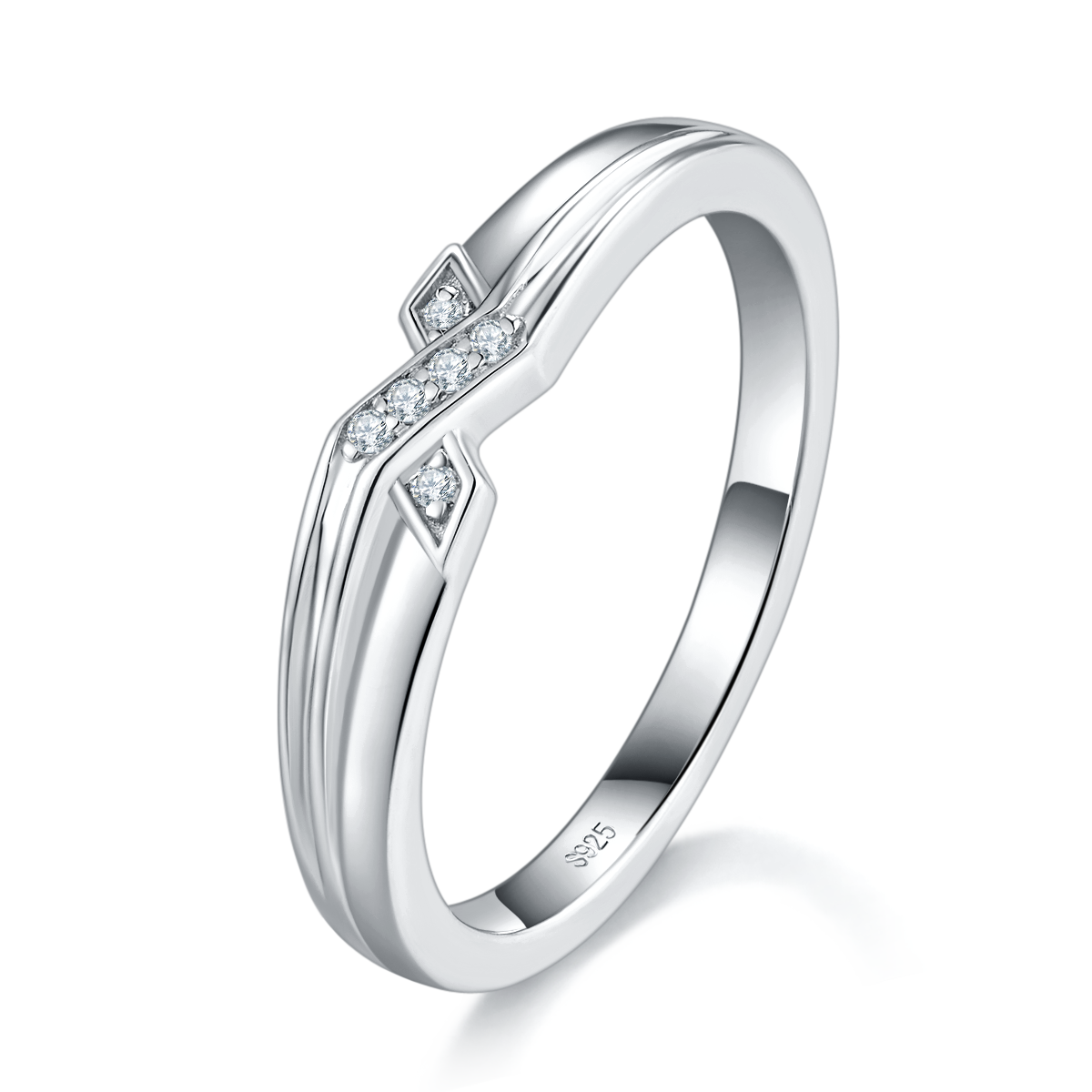 情侣对戒S925银镀白金定制选款副石莫桑钻0.12ct