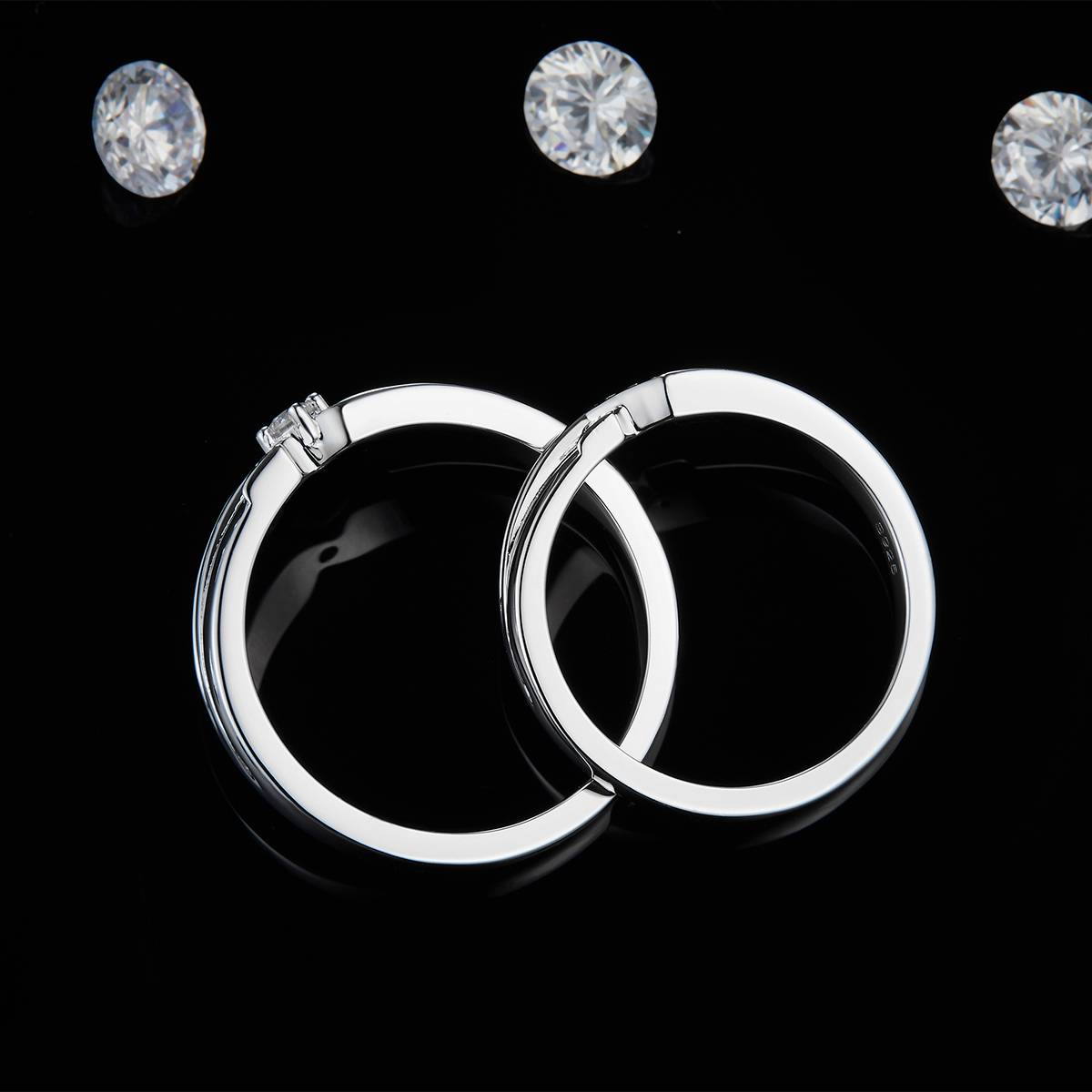 情侣对戒S925银镀白金定制选款副石莫桑钻0.12ct