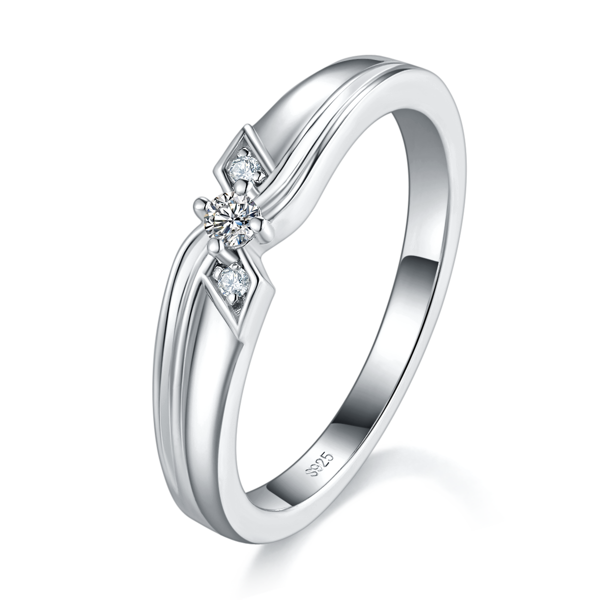 情侣对戒S925银镀白金定制选款副石莫桑钻0.12ct