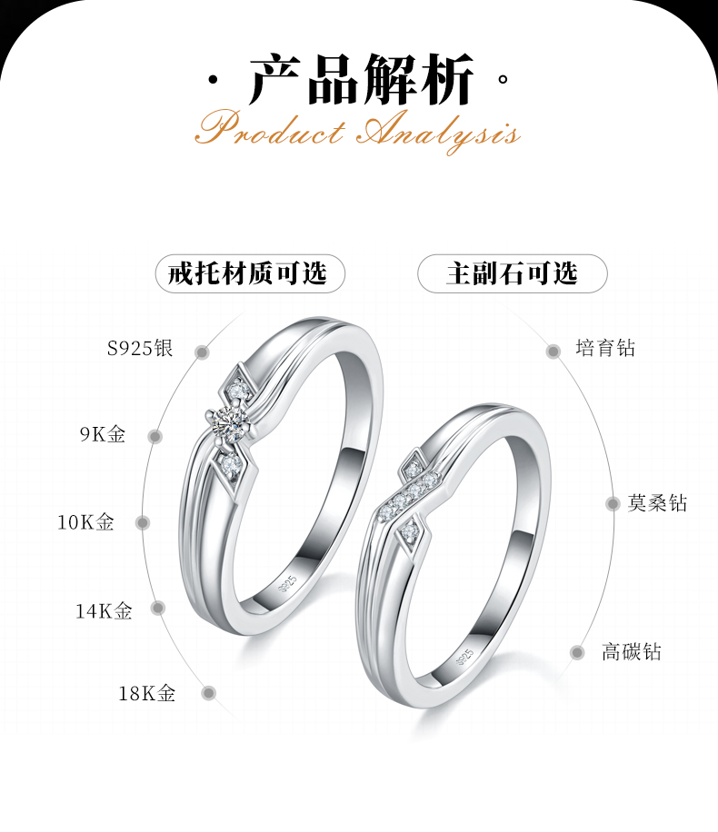 情侣对戒S925银镀白金定制选款副石莫桑钻0.12ct - 2