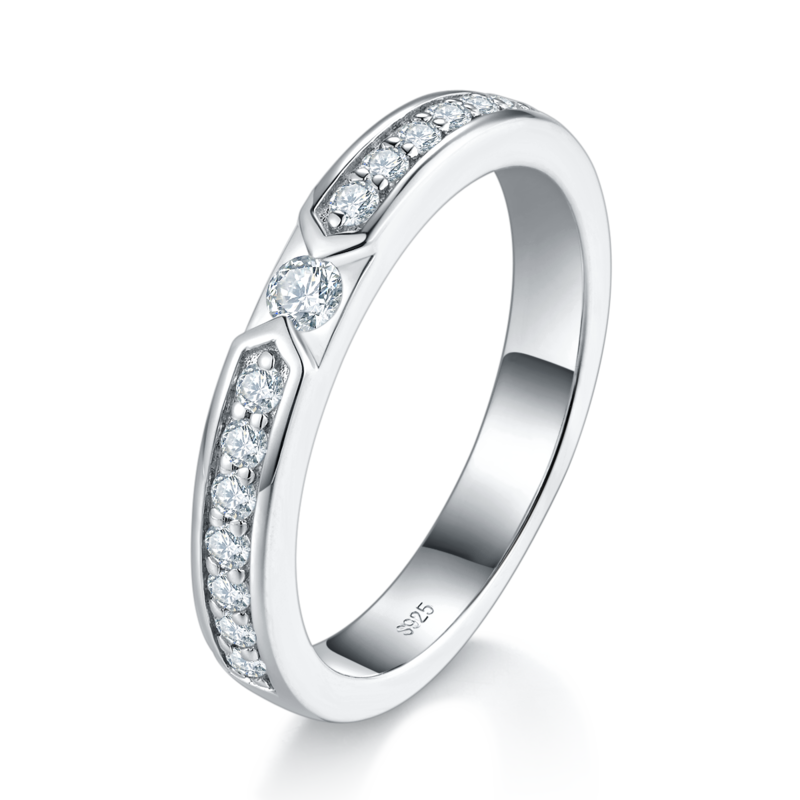 情侣对戒S925银镀白金定制选款副石莫桑钻0.4ct