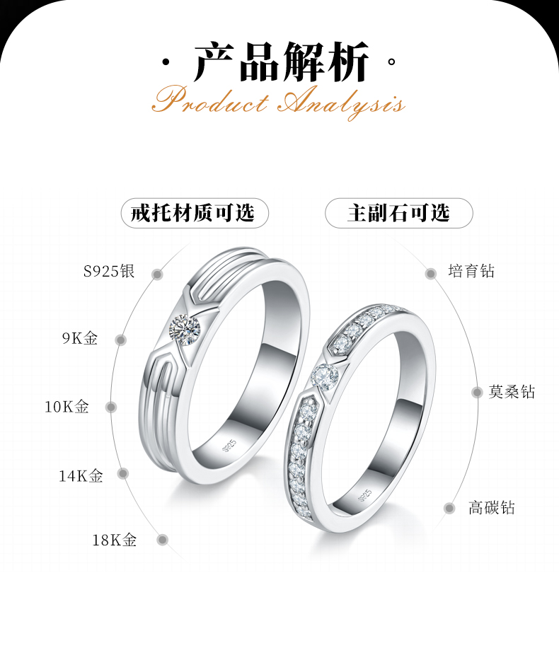 情侣对戒S925银镀白金定制选款副石莫桑钻0.4ct - 2