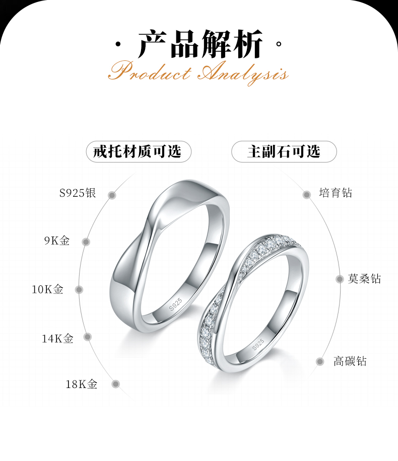 情侣对戒S925银镀白金定制选款副石莫桑钻0.32ct - 2