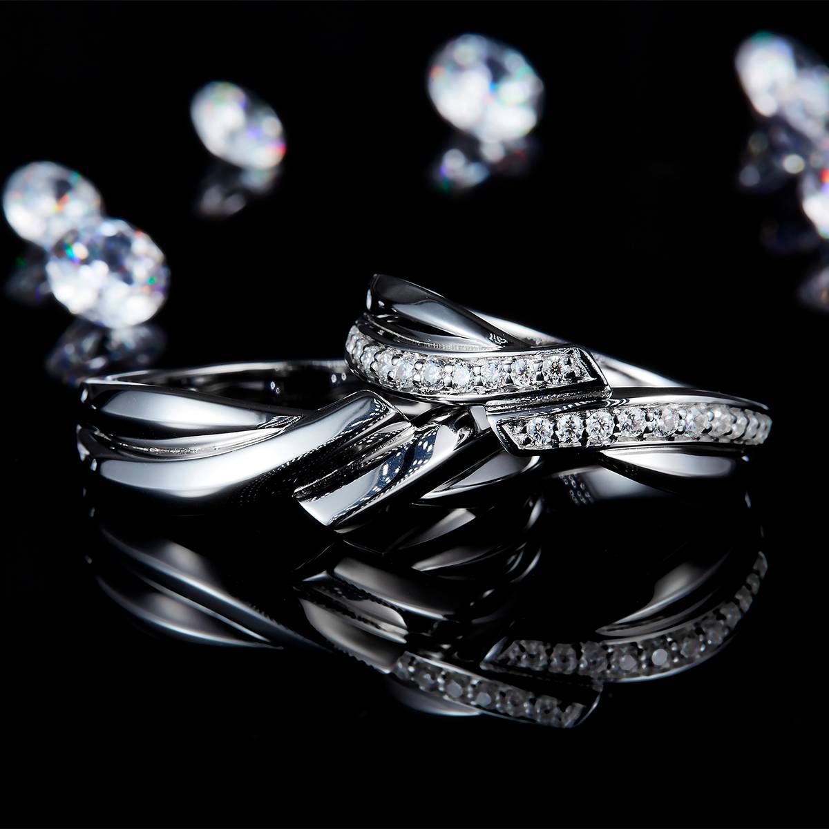 情侣对戒S925银镀白金定制选款副石莫桑钻0.23ct