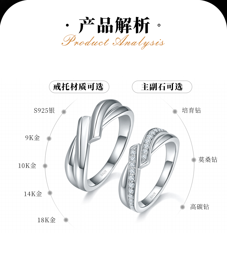 情侣对戒S925银镀白金定制选款副石莫桑钻0.23ct - 2
