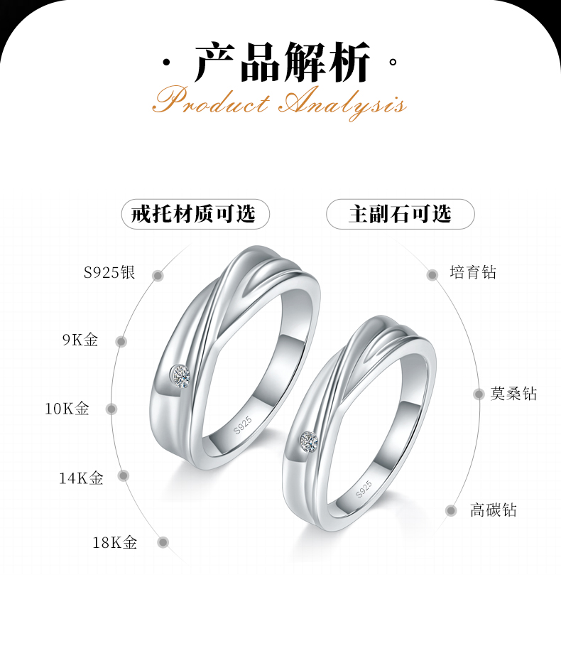 情侣对戒S925银镀白金定制选款副石莫桑钻0.03ct - 2