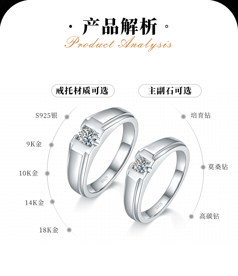 情侣对戒S925银镀白金定制选款主石莫桑钻0.65ct - 2