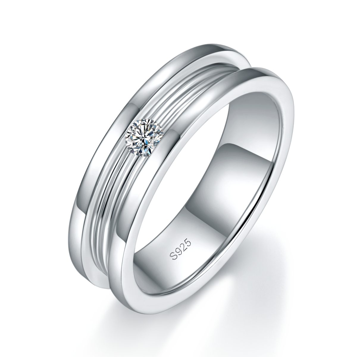 S925银镀白金情侣对戒定制选款主石莫桑钻0.2ct
