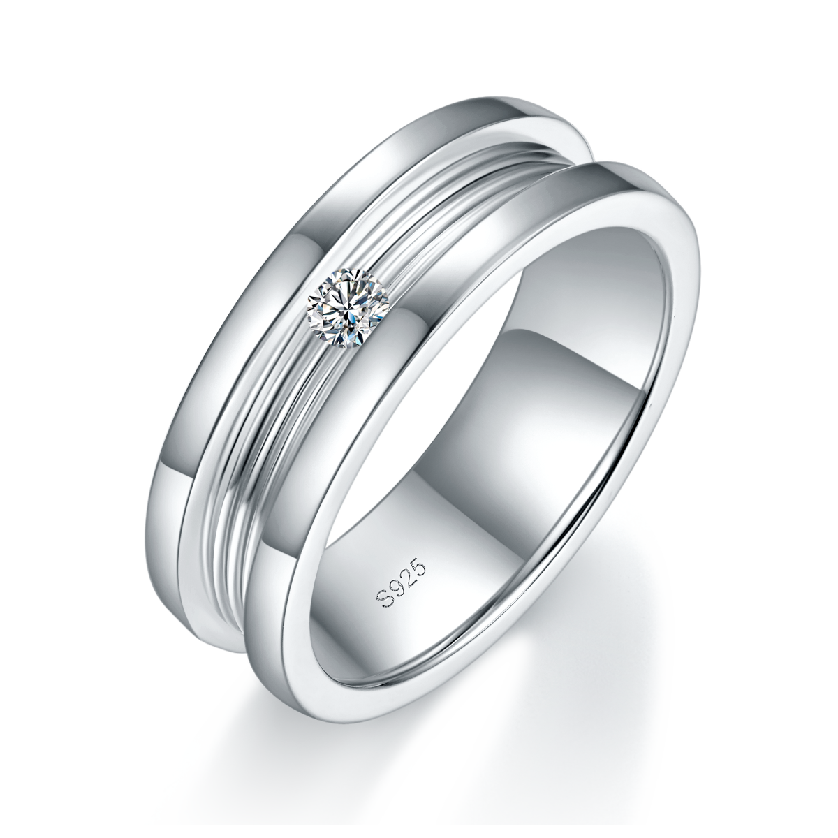 S925银镀白金情侣对戒定制选款主石莫桑钻0.2ct