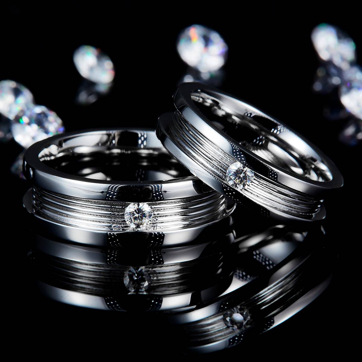 S925银镀白金情侣对戒定制选款主石莫桑钻0.2ct