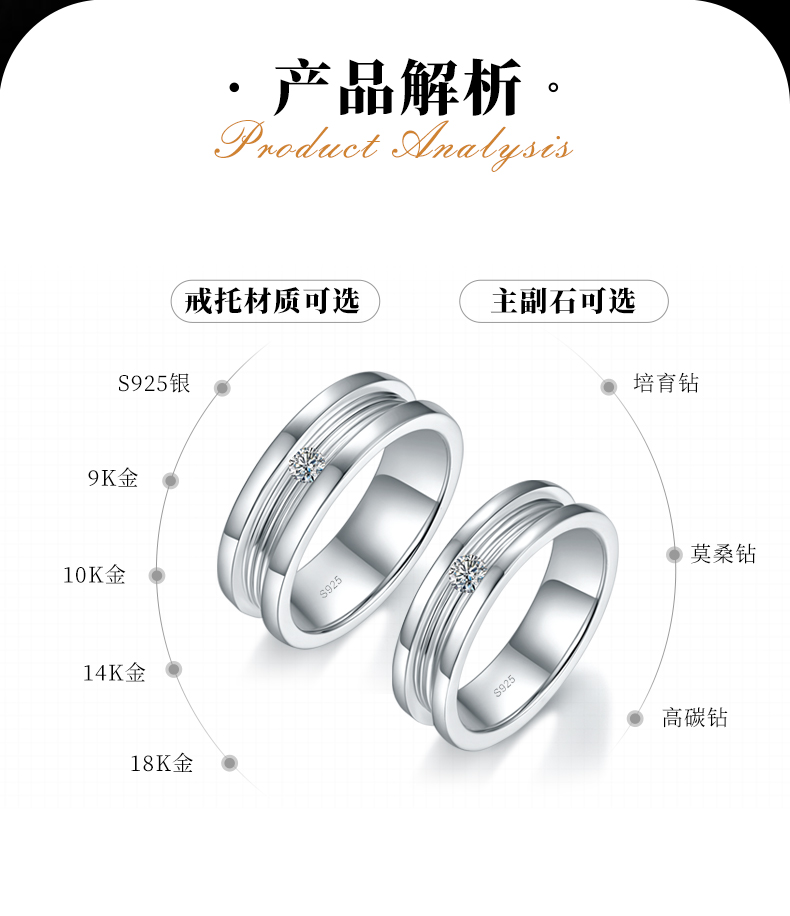 S925银镀白金情侣对戒定制选款主石莫桑钻0.2ct - 2