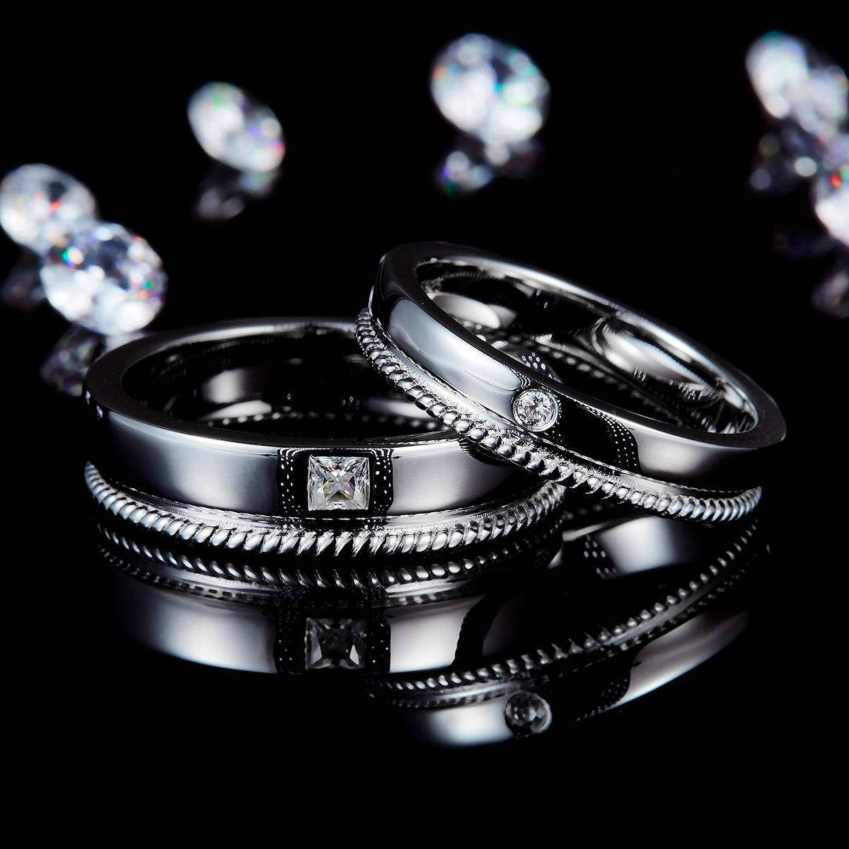 S925银镀白金情侣对戒定制选款副石莫桑钻0.17ct
