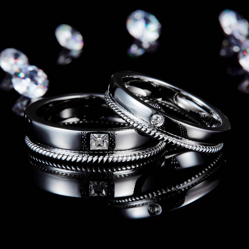 S925银镀白金情侣对戒定制选款副石莫桑钻0.17ct