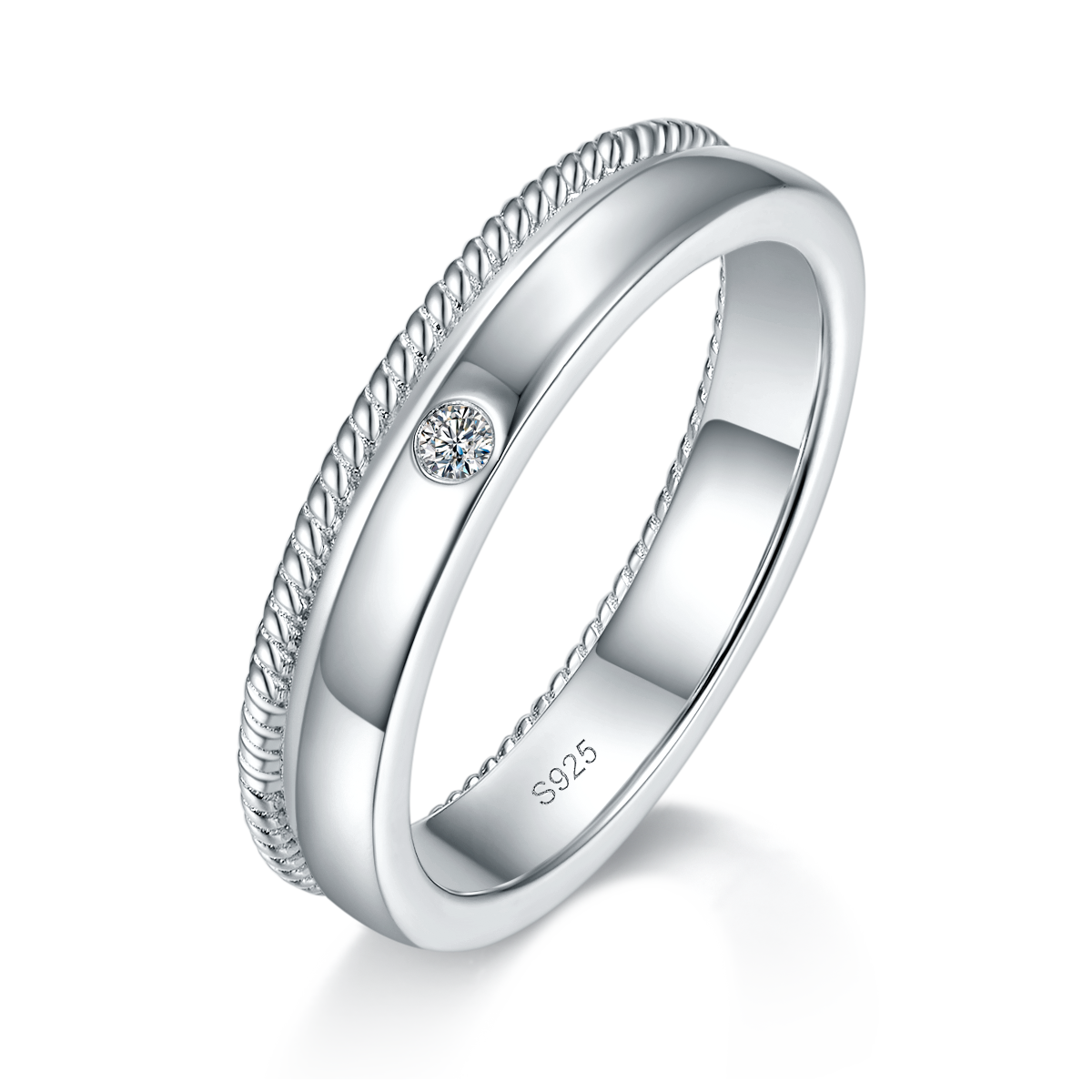 S925银镀白金情侣对戒定制选款副石莫桑钻0.17ct