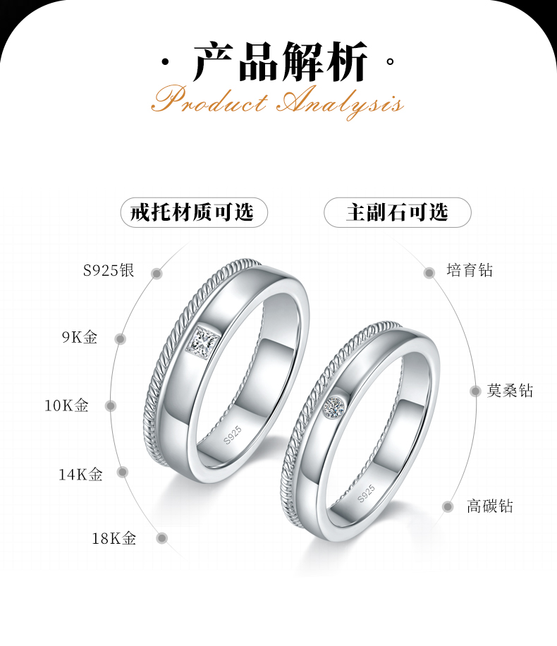 S925银镀白金情侣对戒定制选款副石莫桑钻0.17ct - 2