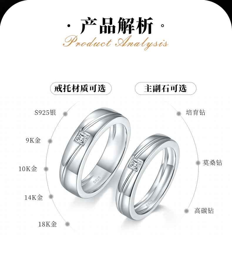 情侣对戒S925银镀白金定制选款主石莫桑钻0.45ct - 2