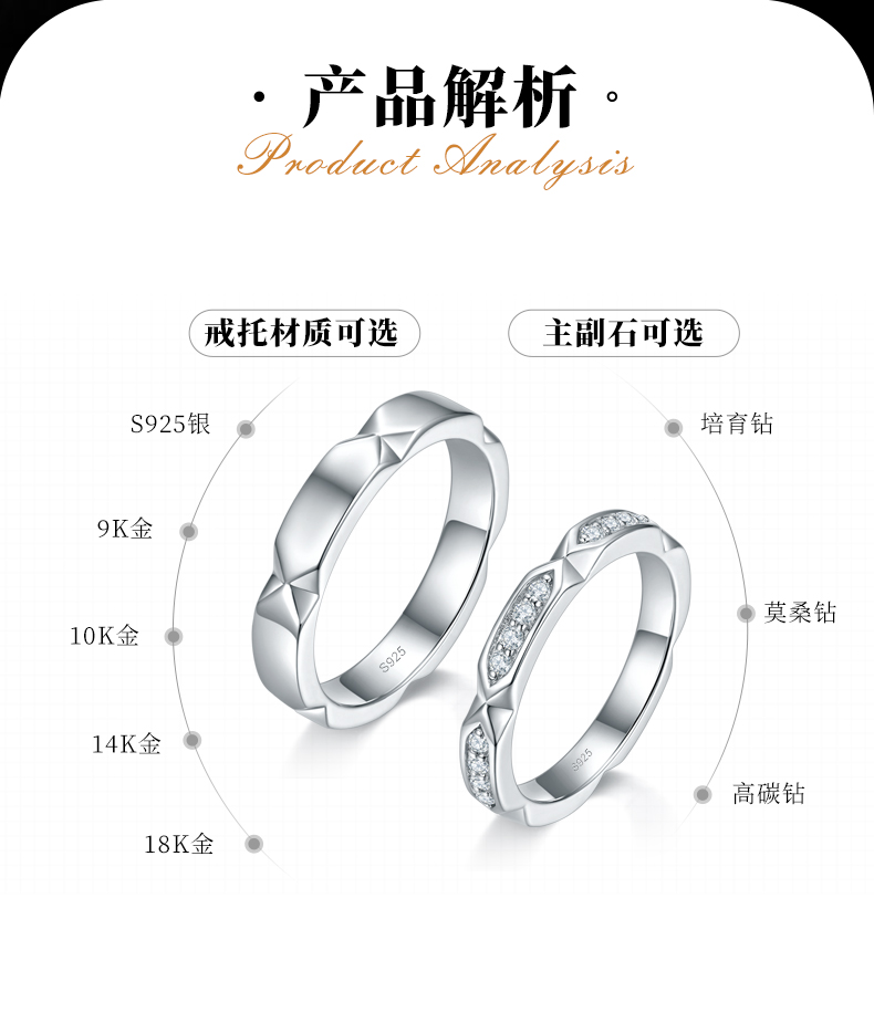 情侣对戒S925银镀白金定制选款副石莫桑钻0.18ct - 2
