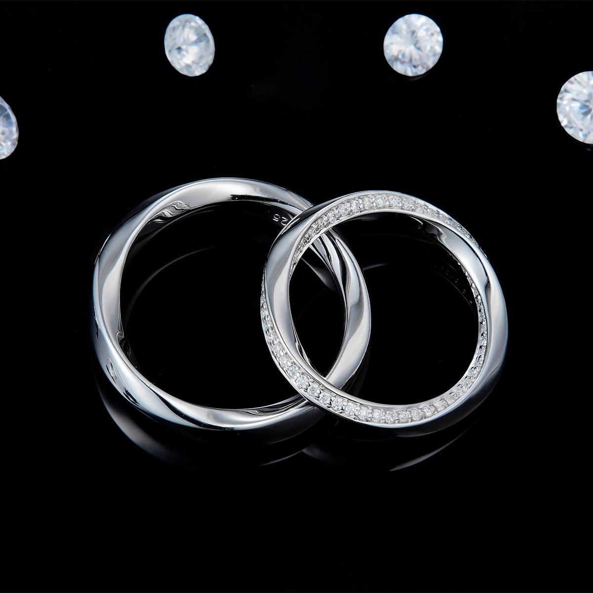 S925银镀白金情侣对戒定制选款副石莫桑钻0.53ct