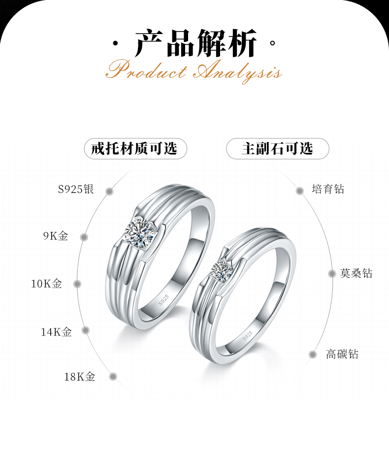 S925银镀白金情侣对戒定制选款主石莫桑钻0.5ct - 2