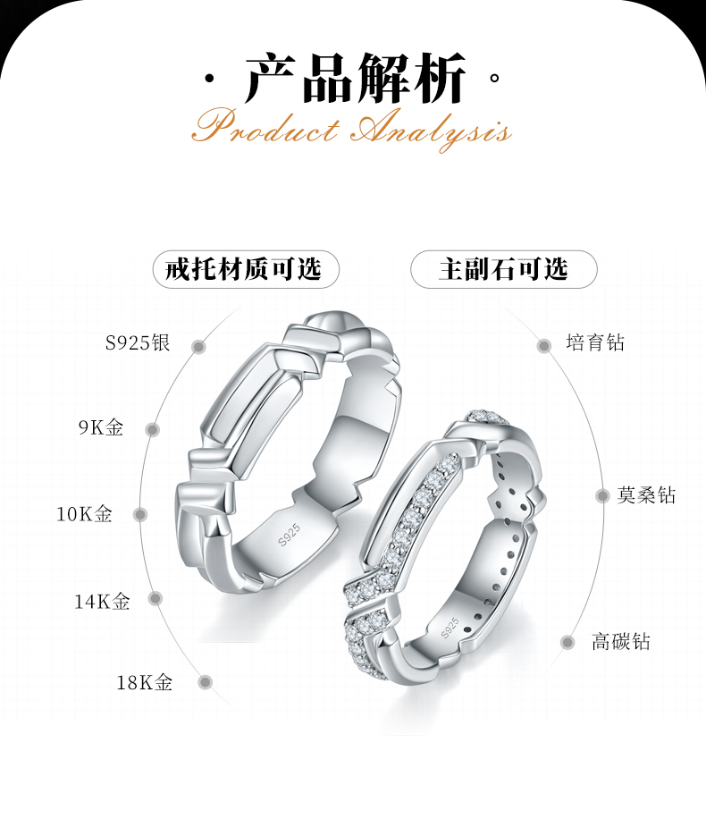 S925银镀白金情侣对戒定制选款副石莫桑钻0.54ct - 2