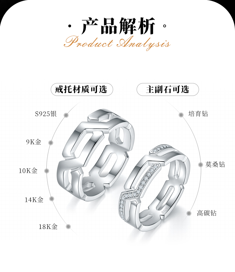 S925银镀白金情侣对戒定制选款副石莫桑钻0.26ct - 2