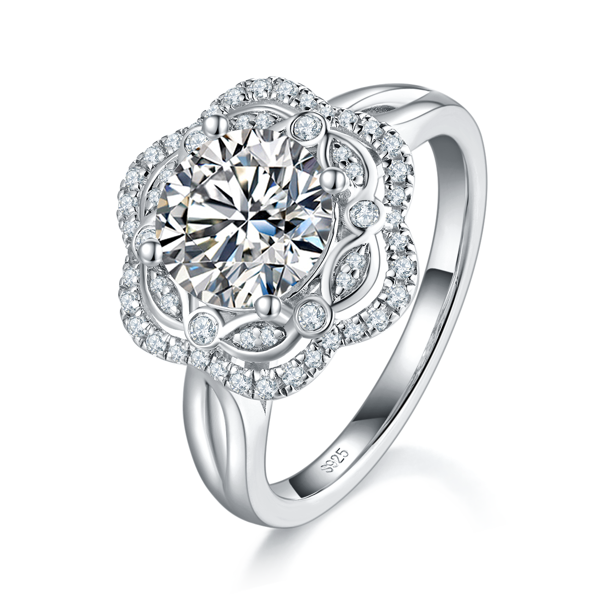 Romantic Flower Ring S925 Silver Plated Platinum Customized Selection Main Stone Moissanite 2.0ct/Side Stone Cubic Zirconia