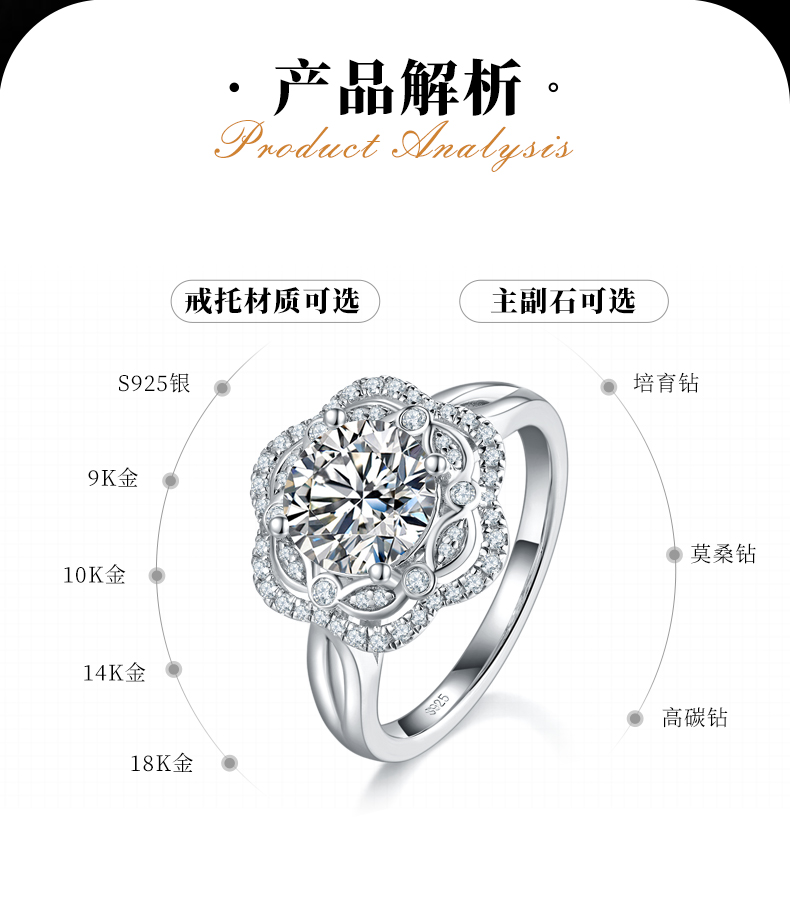 浪漫花鬘女戒S925银镀白金定制选款主石莫桑钻2.0ct/副石高碳钻 - 2