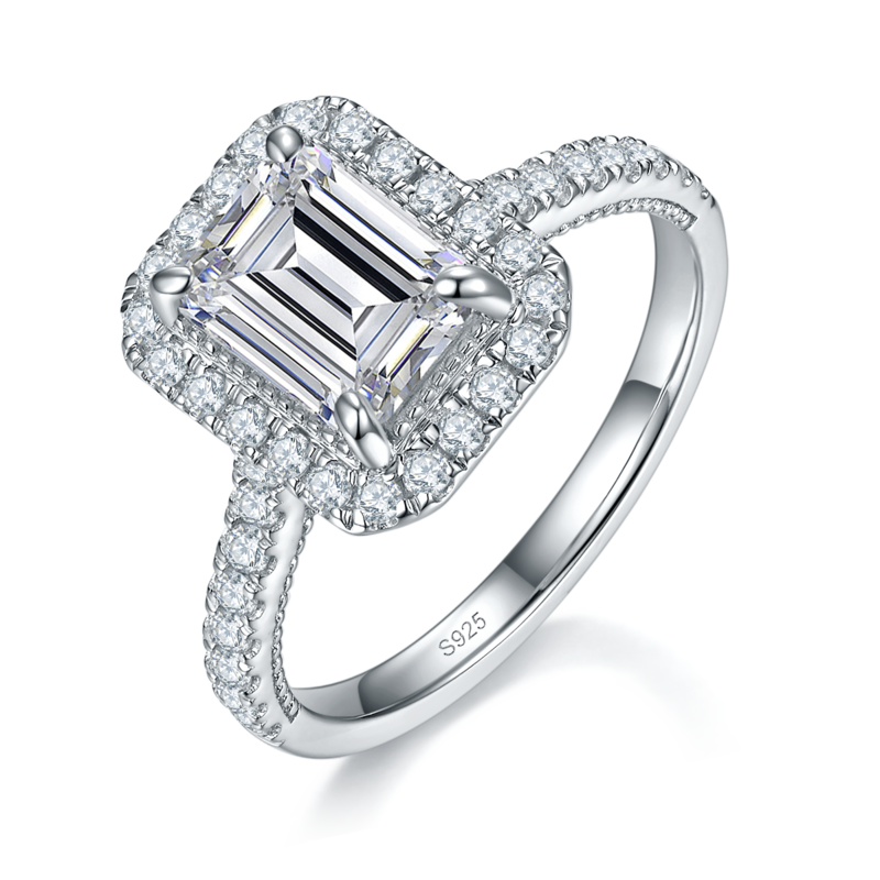 方钻四爪冰糖Women's RingS925银镀白金定制选款主石Moissanite2.0ct/副石高碳钻