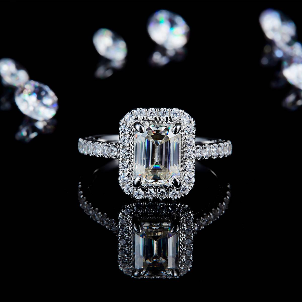 方钻四爪冰糖女戒S925银镀白金定制选款主石莫桑钻2.0ct/副石高碳钻