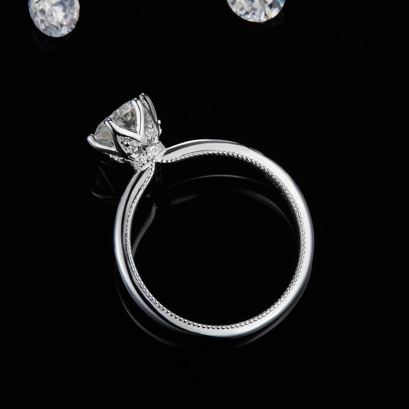 简约六爪Women's RingS925银镀白金定制选款主石Moissanite1.0ct/副石高碳钻