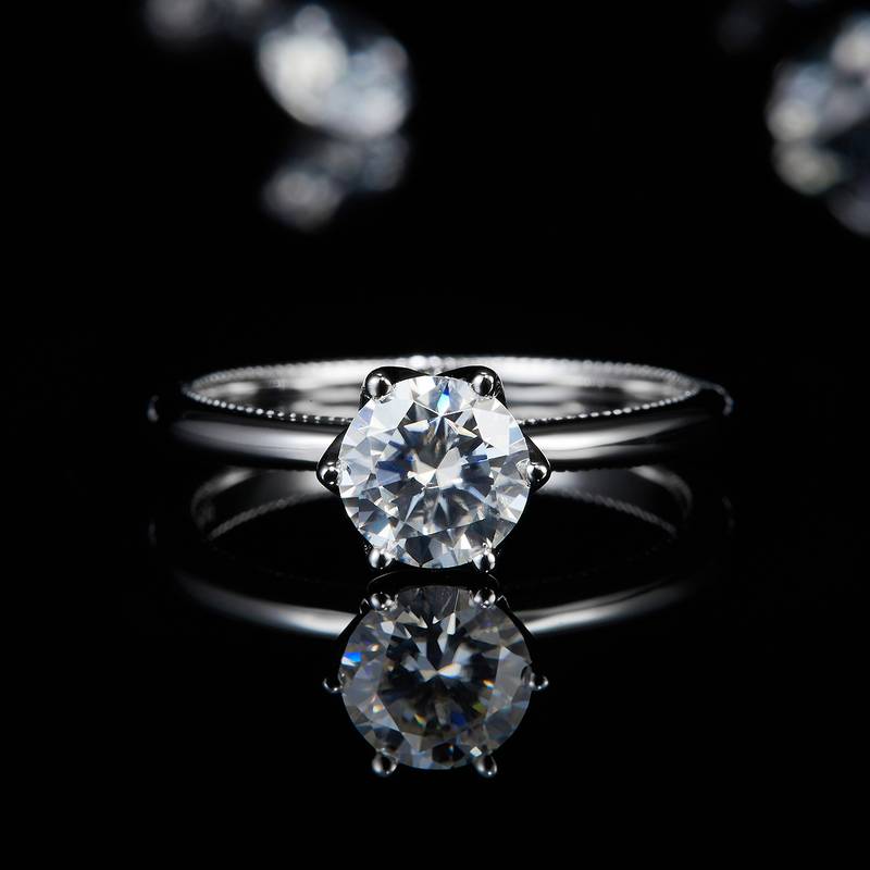 简约六爪Women's RingS925银镀白金定制选款主石Moissanite1.0ct/副石高碳钻