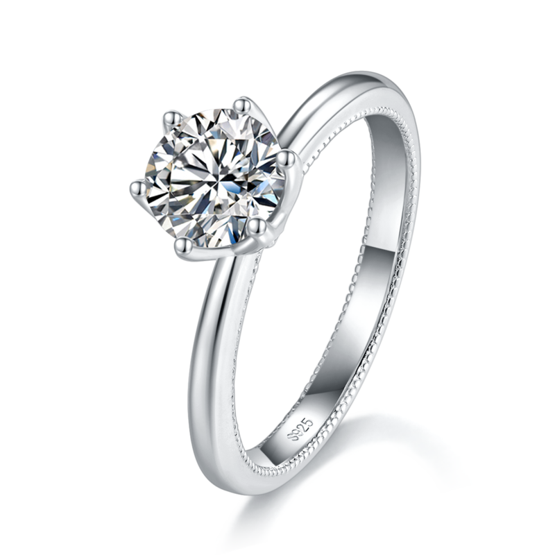 简约六爪Women's RingS925银镀白金定制选款主石Moissanite1.0ct/副石高碳钻