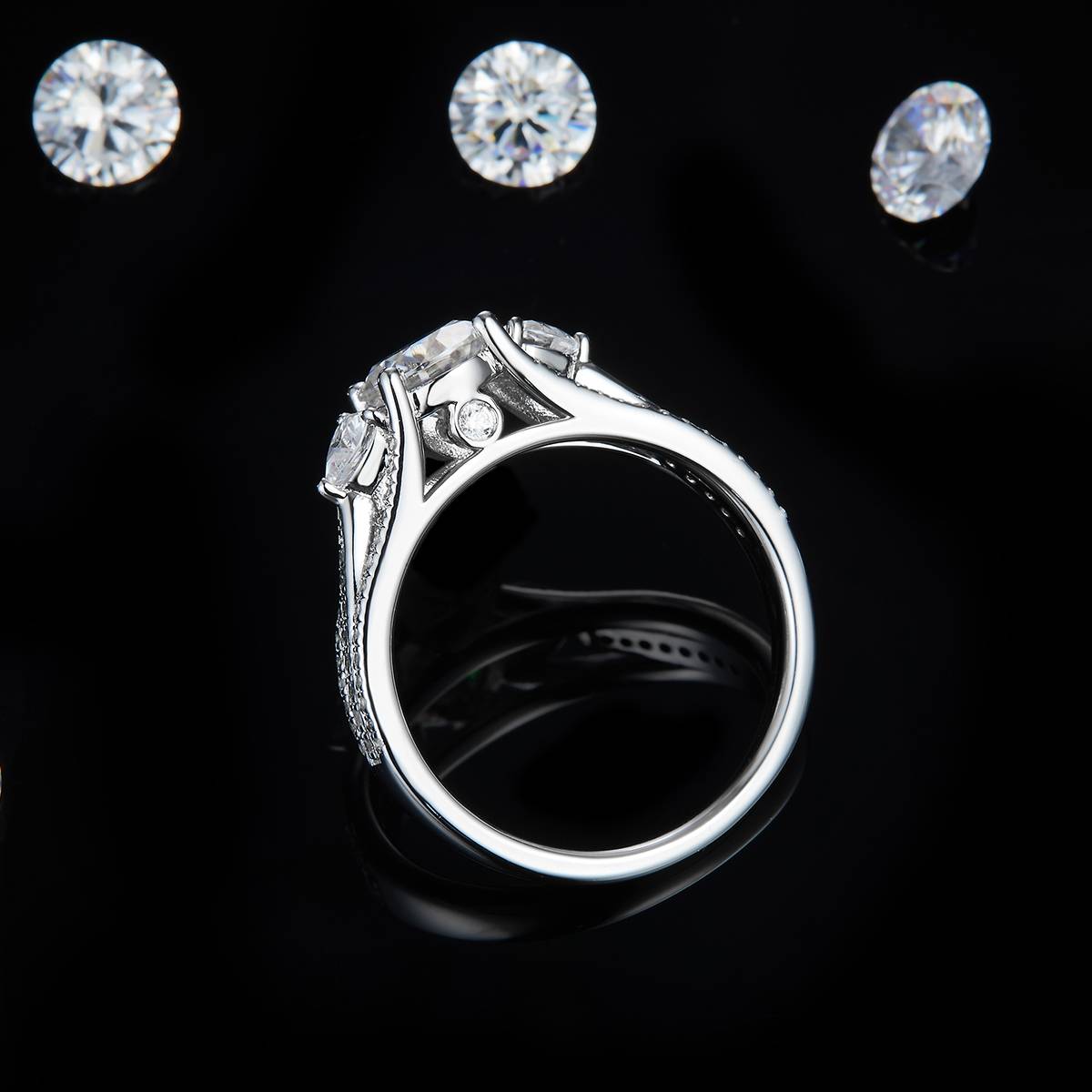 Three Stone Women's Ring S925 Silver Plated Platinum Customized Selection Main Stone Moissanite Diamond 1.0ct/Secondary Stone High Carbon Diamond