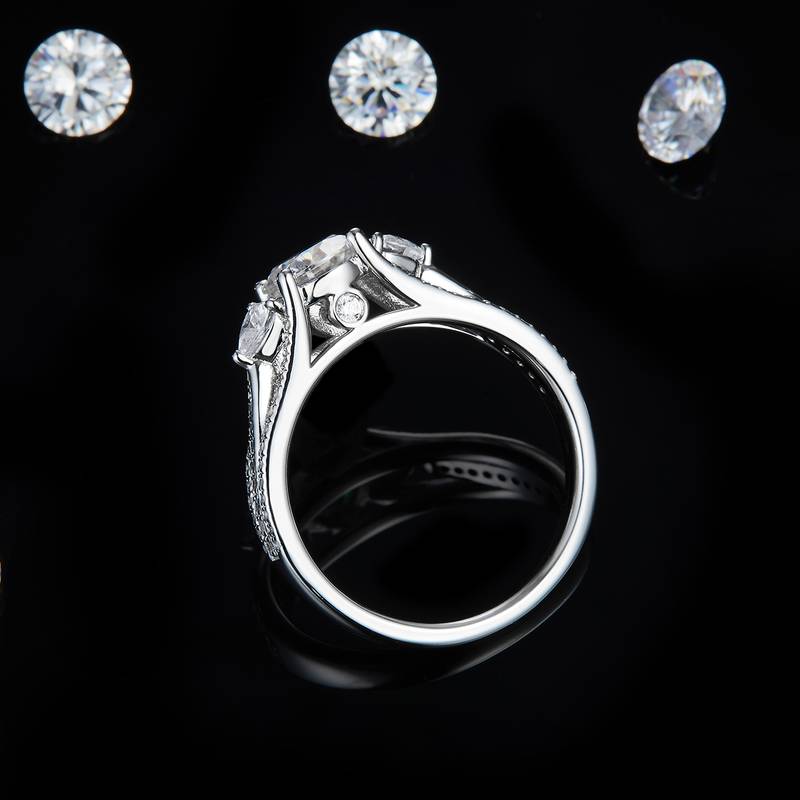 三石款Women's RingS925银镀白金定制选款主石Moissanite1.0ct/副石高碳钻