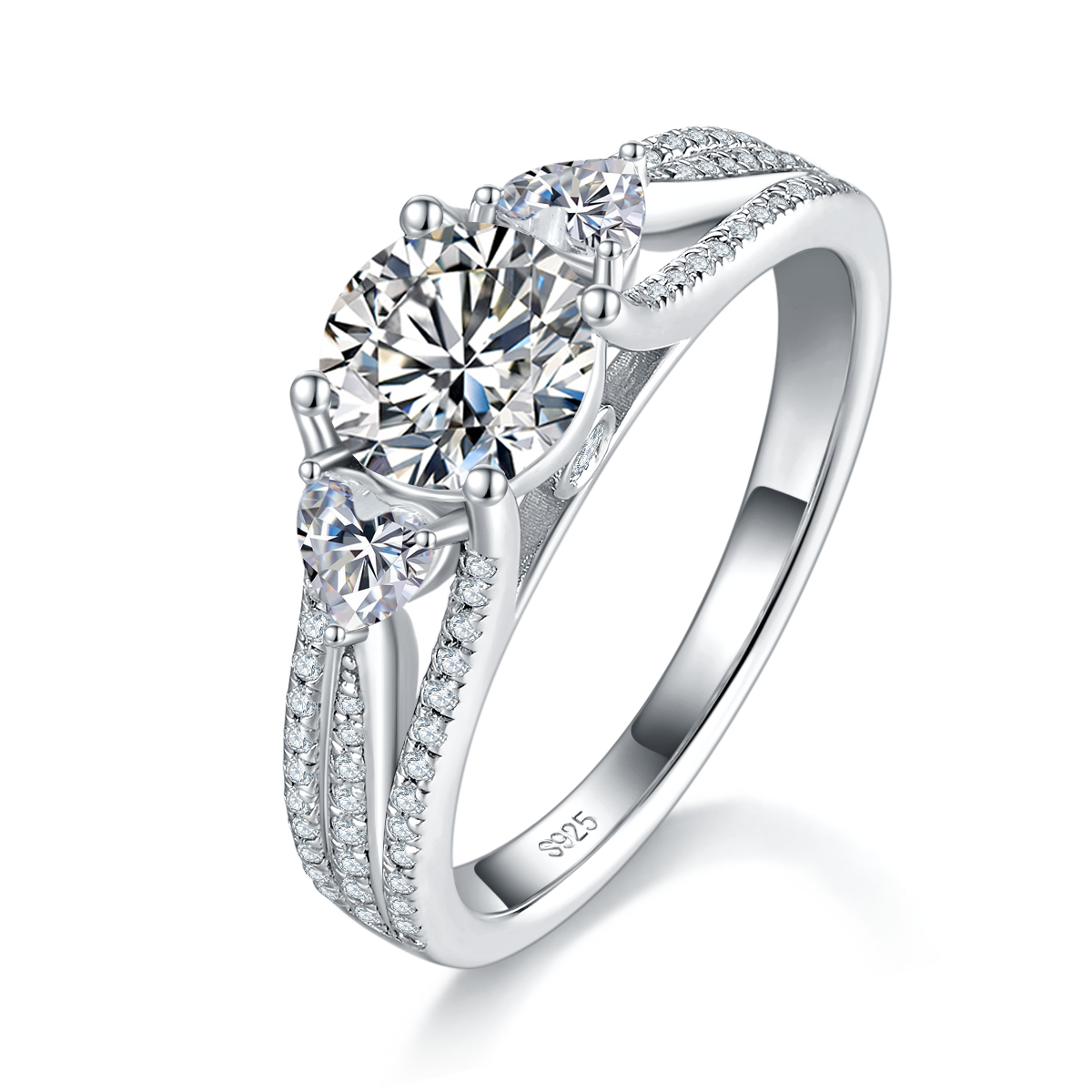 Three Stone Women's Ring S925 Silver Plated Platinum Customized Selection Main Stone Moissanite Diamond 1.0ct/Secondary Stone High Carbon Diamond