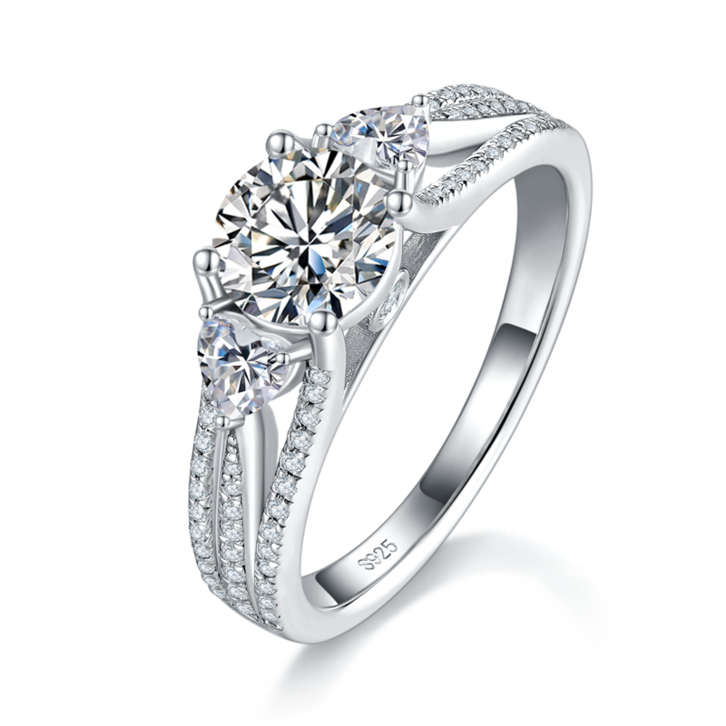 三石款Women's RingS925银镀白金定制选款主石Moissanite1.0ct/副石高碳钻